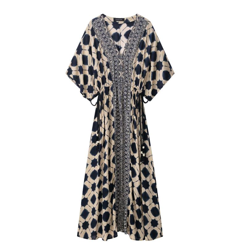 Color Polyester Printed V-neck Long Sleeve Dress