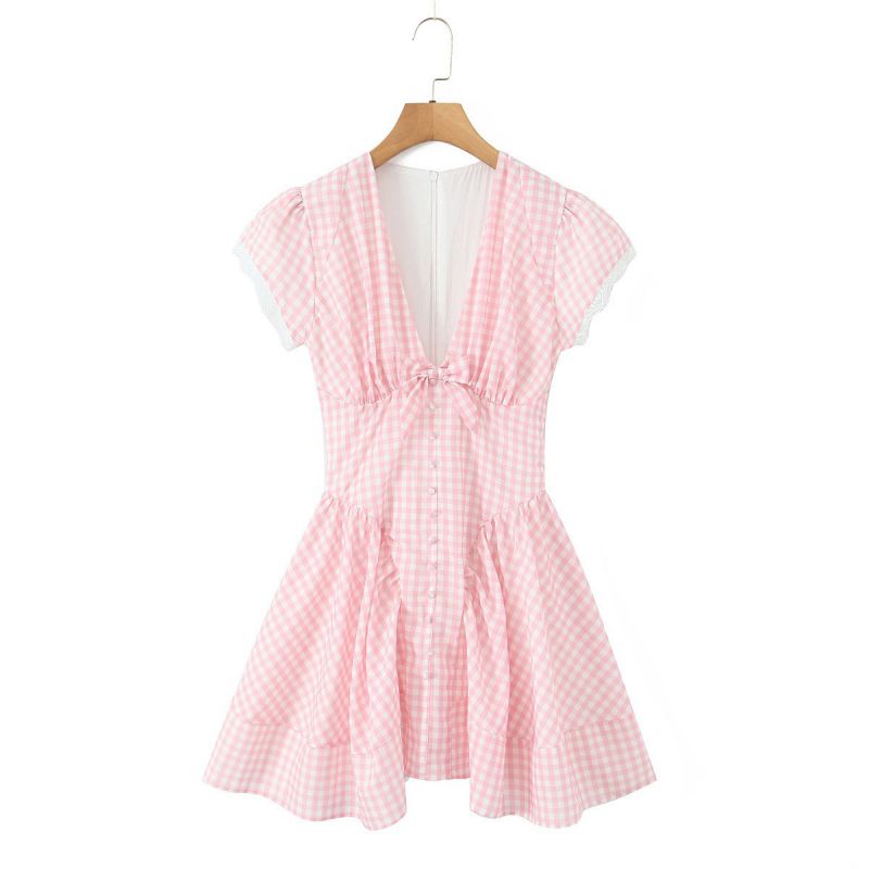 Pink Cotton Check V-neck Skirt
