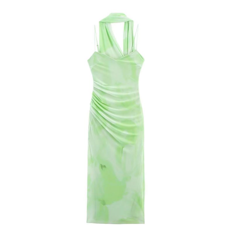 Green Polyester Halterneck Pleated Printed Maxi Skirt