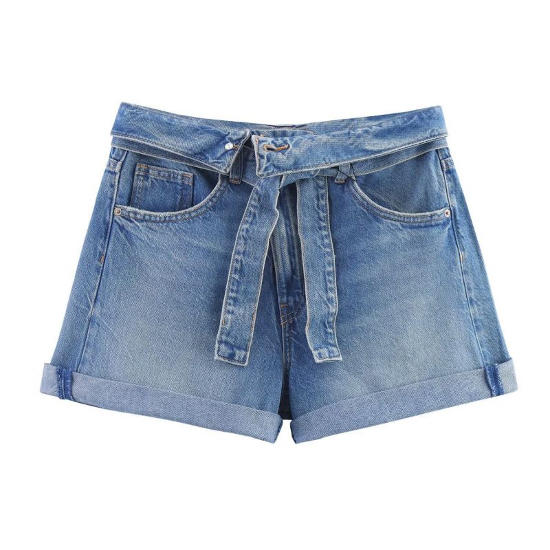Blue Polyester Lace-up Denim Shorts