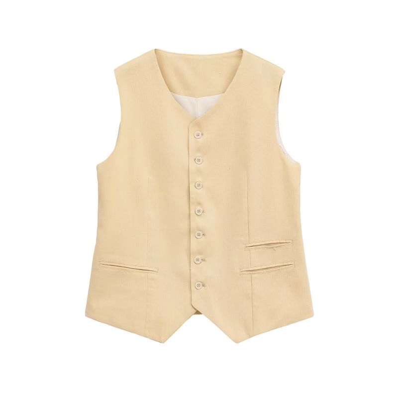 Off White Polyester Button Vest