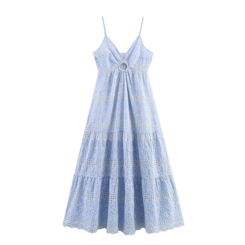 Blue V-neck Hollow Suspender Long Skirt