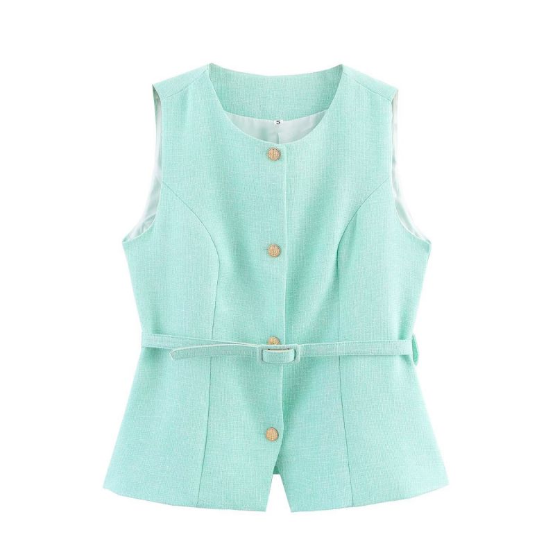 Blue Polyester Sleeveless Crew Neck Vest
