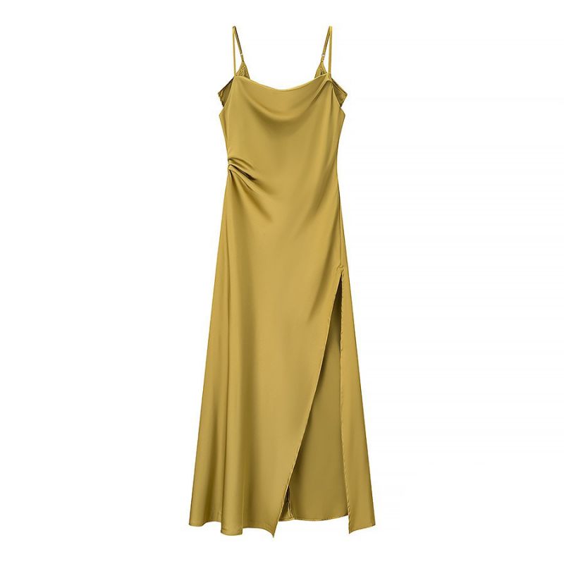 Yellow Green Polyester Slit Suspender Long Skirt