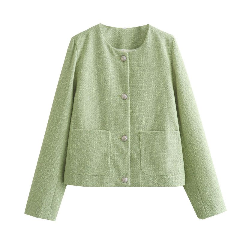 Bean Green Polyester Button-down Crew Neck Jacket