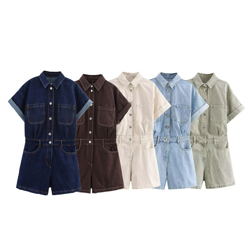 Brown Denim Button-down Lapel Jumpsuit