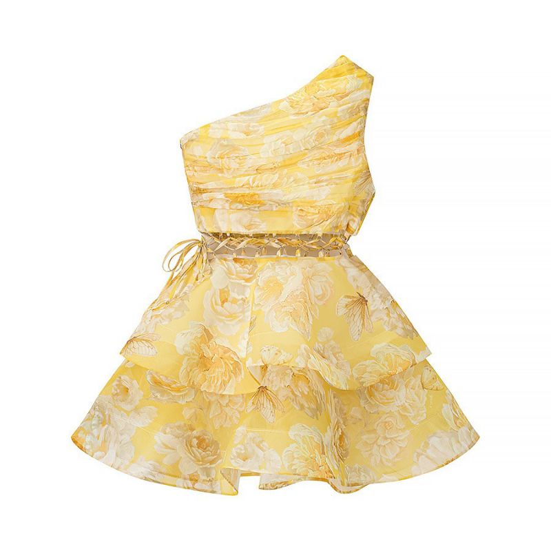 Yellow Polyester One-shoulder Waist Hollow Floral Skirt