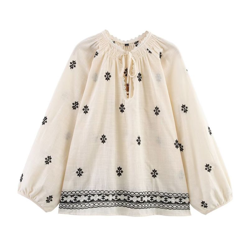 Off White Round Neck Contrast Embroidery Long Sleeve Shirt