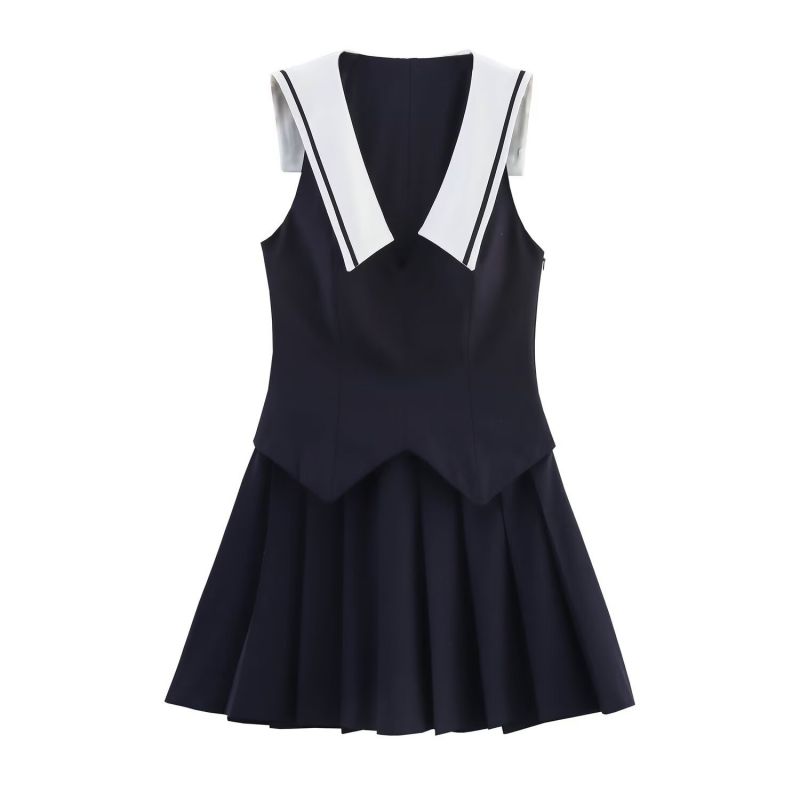Navy Polyester Wide Pleated Sleeveless Skirt