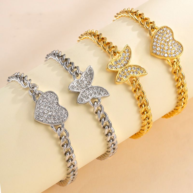 Pulsera De Acero Inoxidable Con Mariposa Y Corazón De Diamantes
