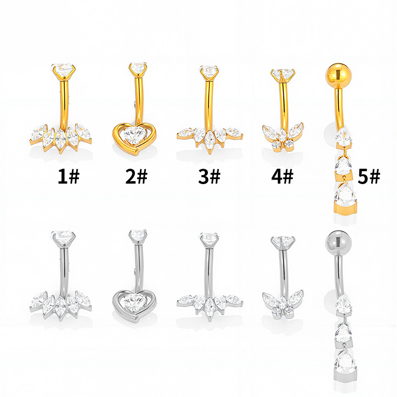 Gold Titanium Steel Diamond Heart Butterfly Piercing Belly Button Nail