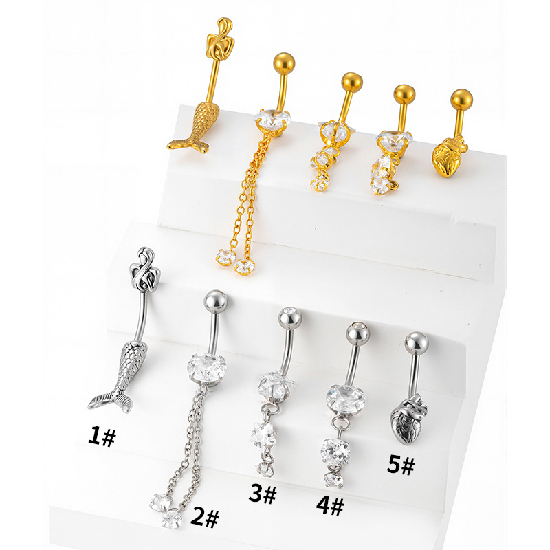 Silver Stainless Steel Diamond Fishtail Geometric Piercing Belly Button Ring