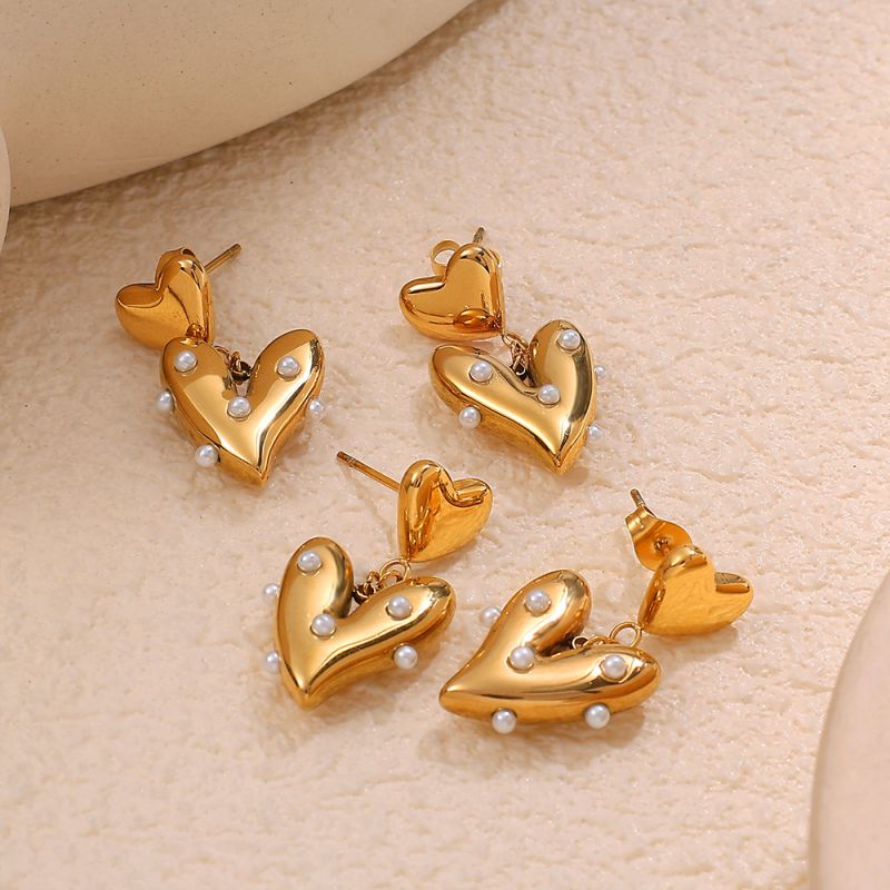 Pendientes De Corazón De Perla De Acero Inoxidable
