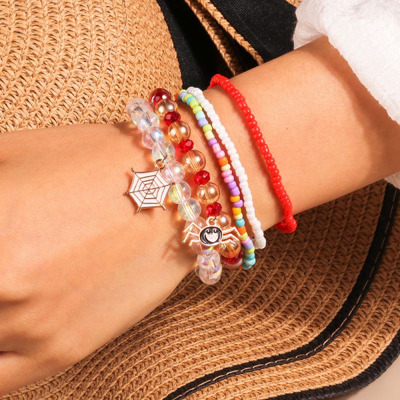 Conjunto De Pulsera De Telaraña Con Cuentas Redondas De Arroz De Aleación