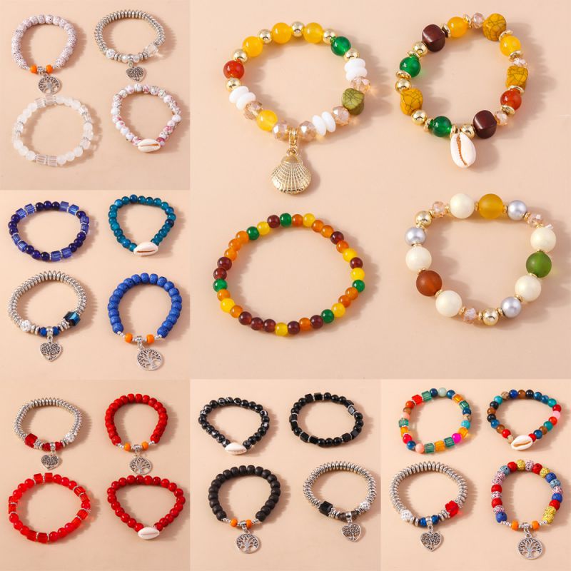 Conjunto De Pulsera Geométrica De Aleación Con Cuentas De Corazón Y Concha