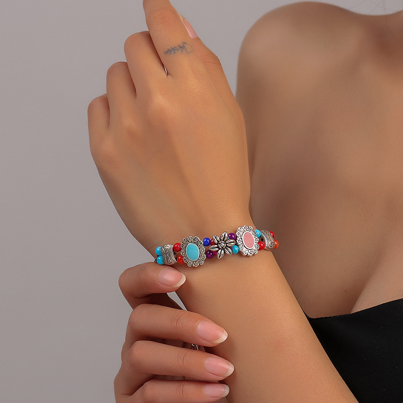 Pulsera De Aleación Con Flores De Turquesa
