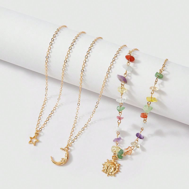 Collar Multicapa De Sol Y Luna Con Cuentas De Grava