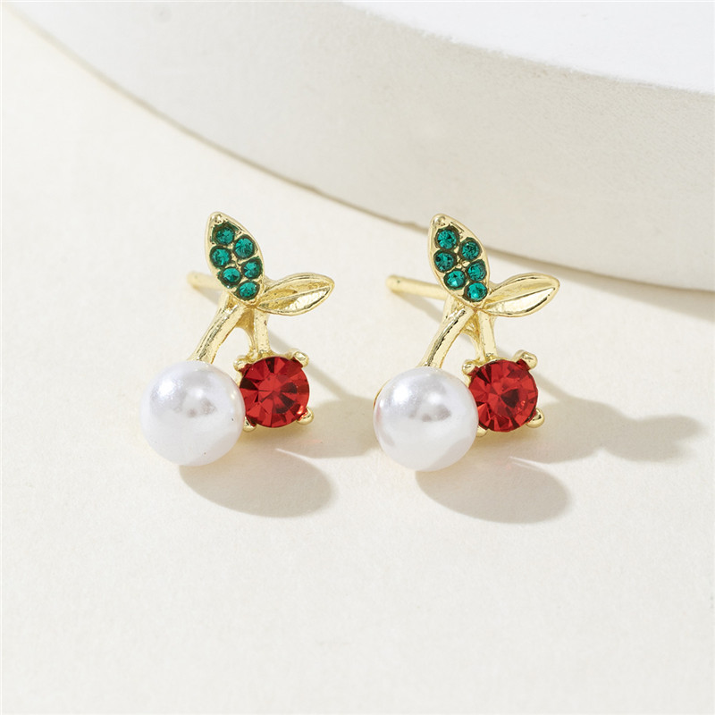 White Metal Cherry Earrings With Diamonds