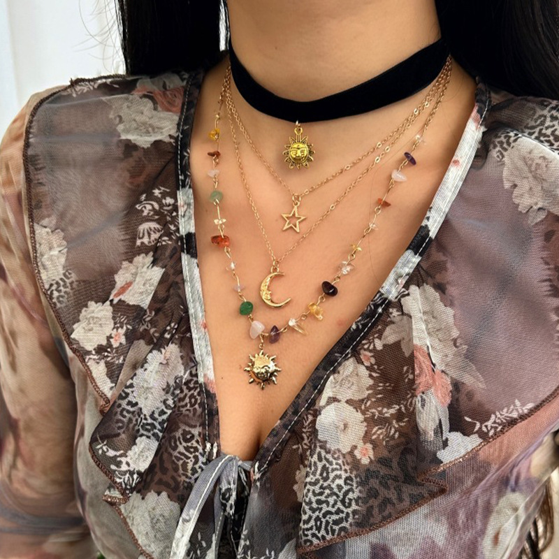 Collar Multicapa De Sol Y Luna Con Cuentas De Grava
