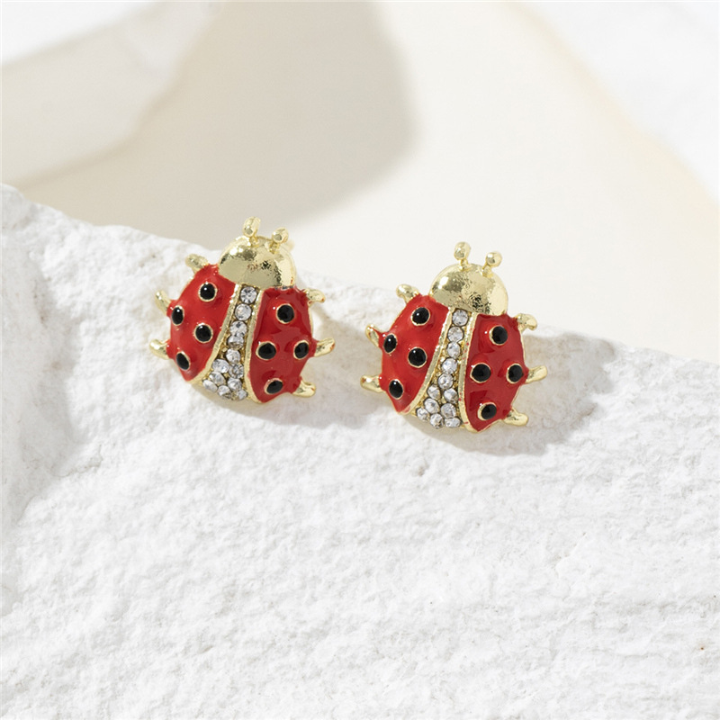 Gold Metal Ladybug Earrings With Diamonds