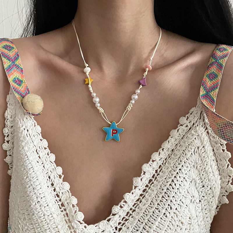 Collar Con Cordón De Perlas Y Estrella De Cinco Puntas De Color Aleación