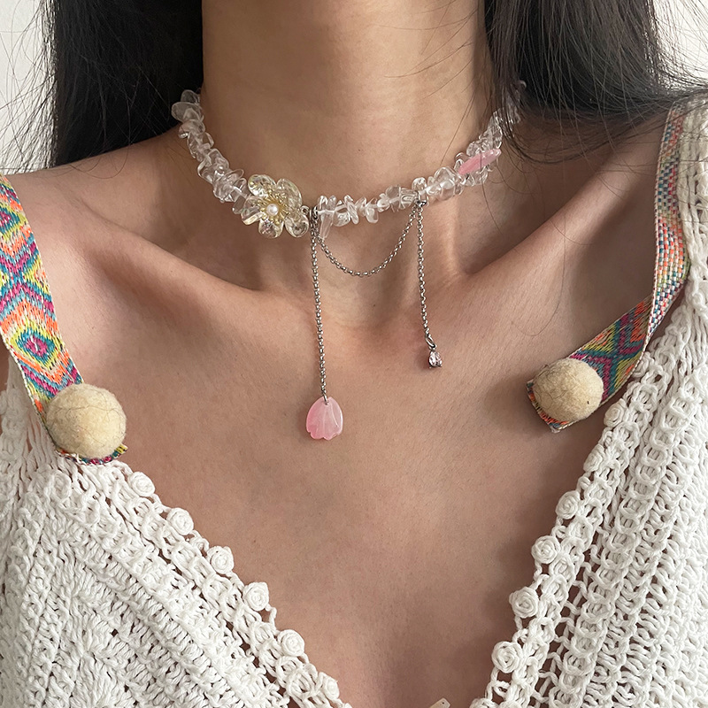 Collar De Pétalos Con Cuentas De Piedra Triturada