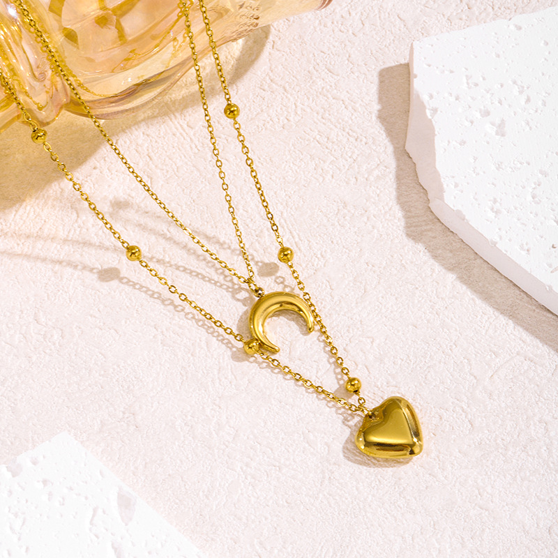 Gold Titanium Steel Love Moon Double Layer Necklace
