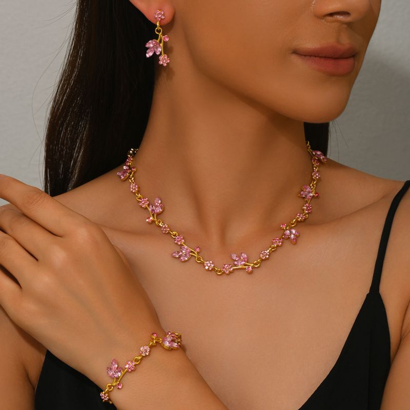 Set 1# Metal Diamond Flower Leaf Necklace Bracelet Earring Set