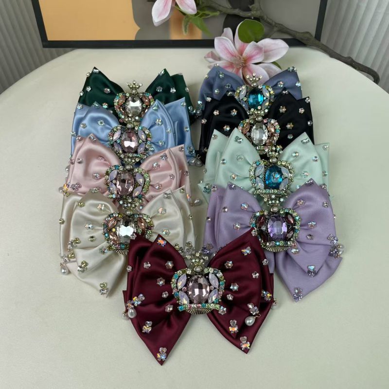 Dark Brown Satin Diamond Crown Bow Hair Clip
