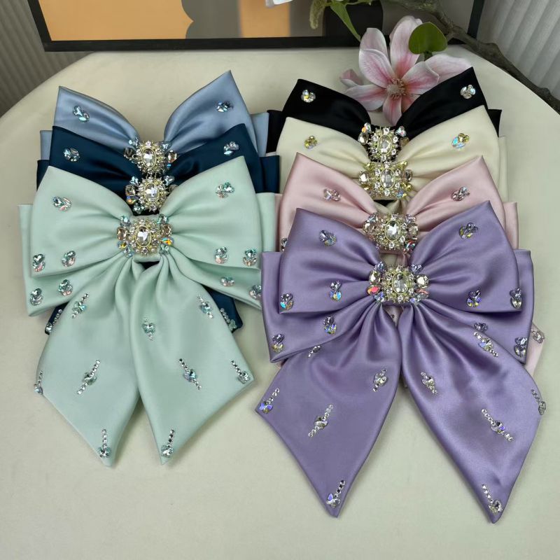 Navy Blue Double-layer Ribbon Diamond Bow Hairpin