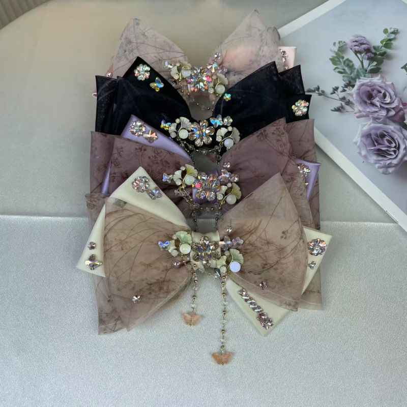 Light Yellow Mesh Diamond Tassel Bow Hairpin