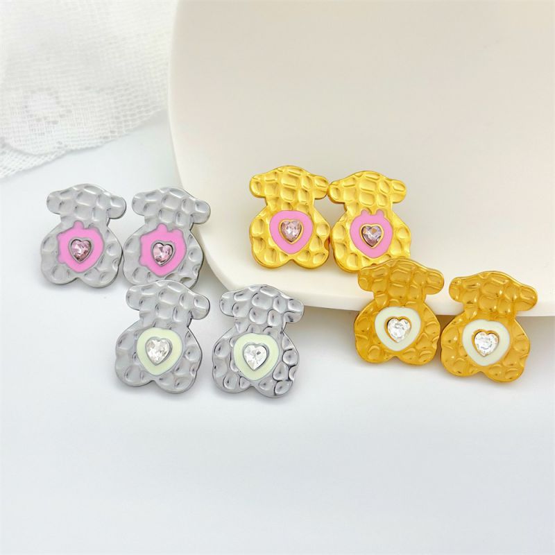 Steel White Stainless Steel Diamond Heart Bear Earrings