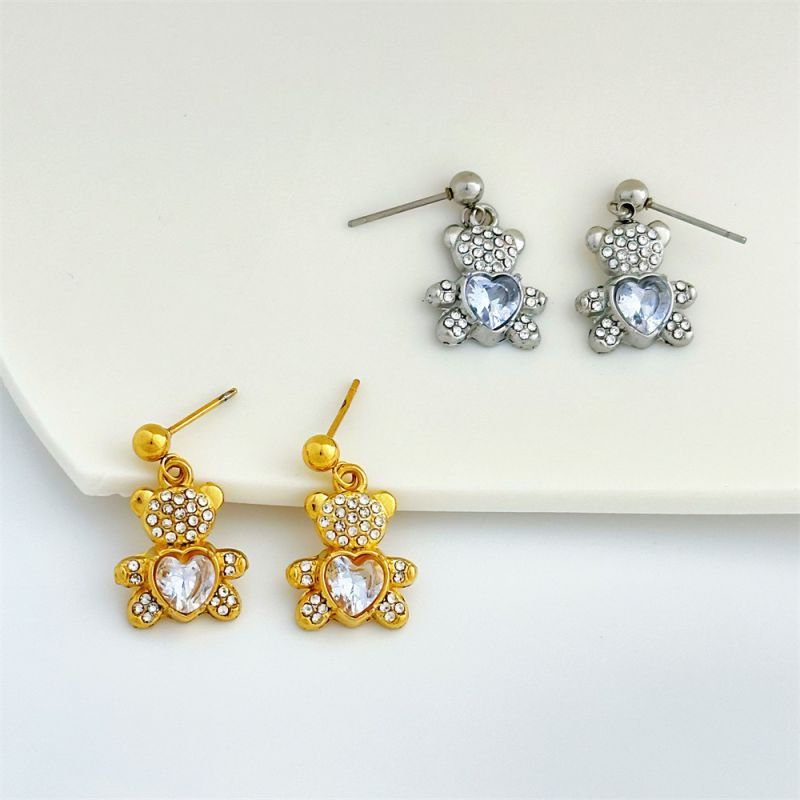 Steel Stainless Steel Diamond Heart Bear Earrings