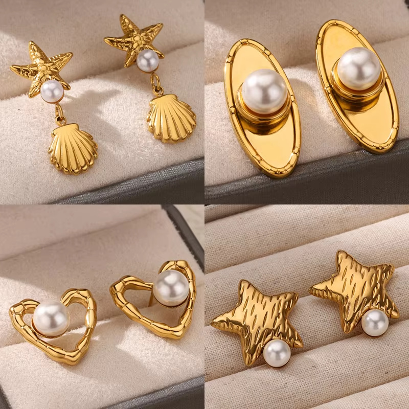 Pendientes De Acero Inoxidable Con Forma De Concha De Perla Y Lazo De Mariposa Con Estrella De Cinco Puntas