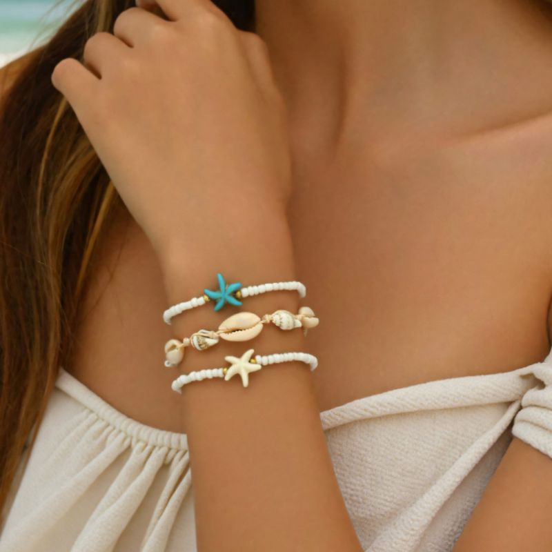 Conjunto De Pulseras Sueltas De Cuentas De Arroz Estrellas De Mar Y Conchas Azules
