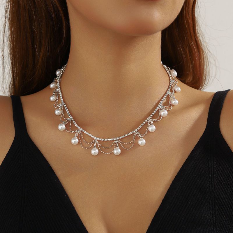 Collar De Perlas De Metal Y Diamantes