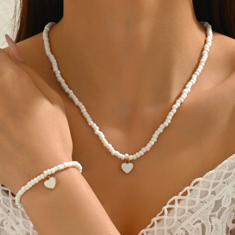 Conjunto De Collar Y Pulsera Con Corazón De Cuentas De Arroz