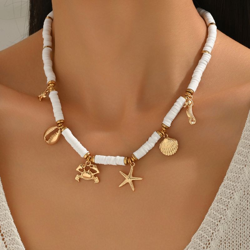 Collar De Concha De Cangrejo Y Estrella De Mar Con Cuentas De Arcilla Polimérica