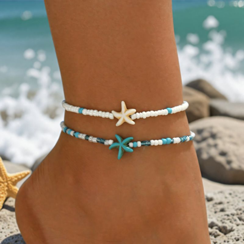 Tobillera Trenzada Con Estrellas De Mar Y Cuentas De Arroz