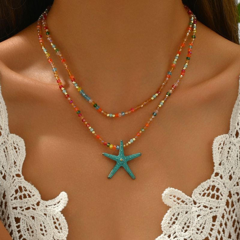Collar Doble De Estrella De Mar Con Cuentas De Cristal