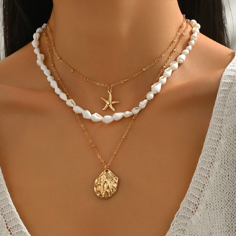 Collar Multicapa De Estrella De Mar Con Cuentas De Caracola De Aleación