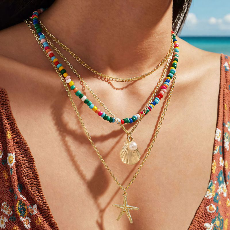 Collar Multicapa De Conchas De Estrella De Mar Y Cuentas De Arroz De Colores De Aleación