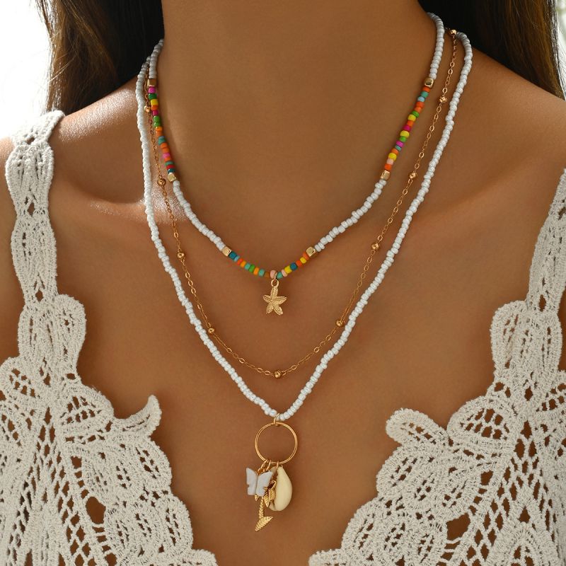 Collar Multicapa De Cuentas De Arroz Estrellas De Mar Mariposas Y Conchas