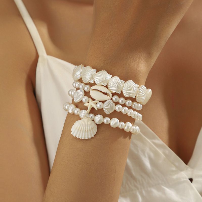Conjunto De Pulseras De Estrellas De Mar Con Conchas Y Perlas