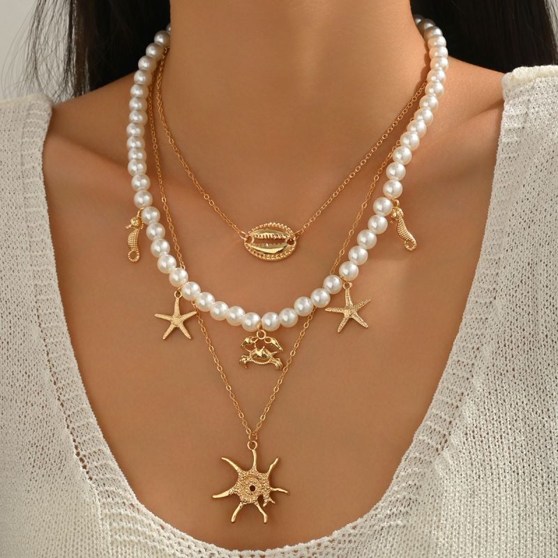 Collar Multicapa De Concha De Cangrejo Con Cuentas De Perla