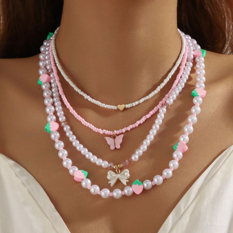 Collar Multicapa Con Lazo De Fresa Y Cuentas De Arroz Y Perlas