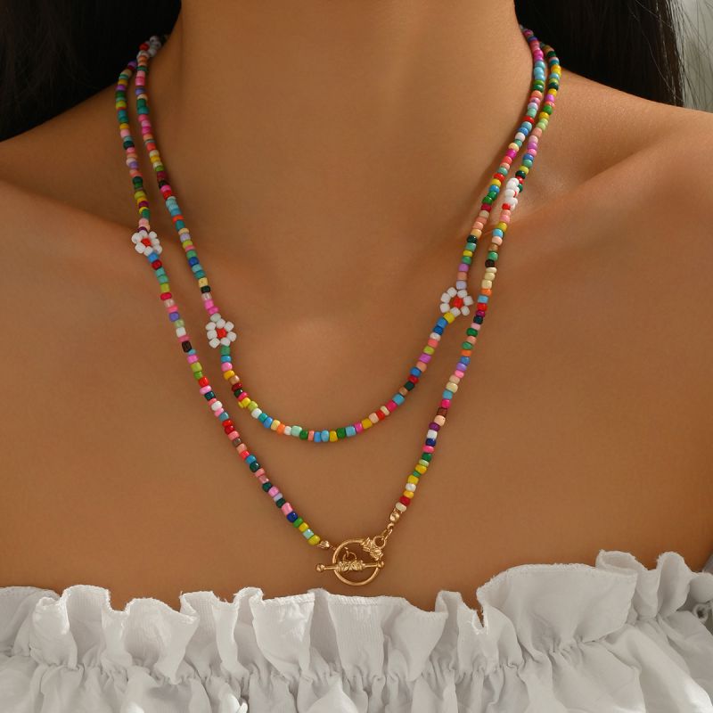 Collar De Doble Capa Con Cuentas De Arroz De Colores De Aleación
