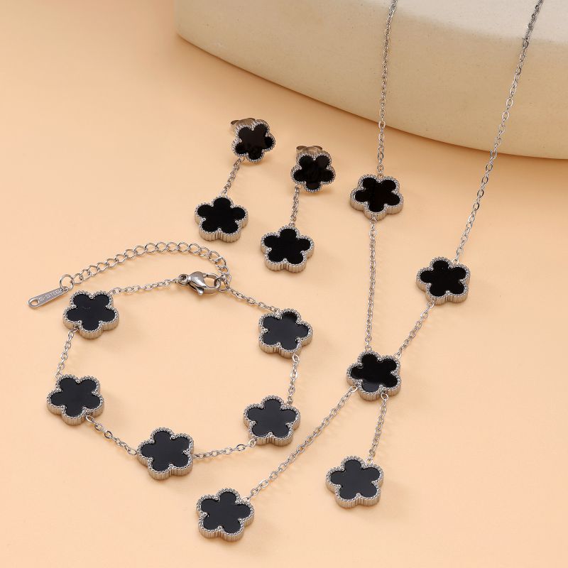 Black Suit Stainless Steel Flower Necklace Bracelet Earring Set