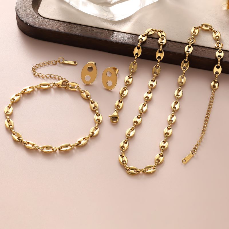 Gold Suit Titanium Steel Pig Nose Bracelet Necklace Earrings Set
