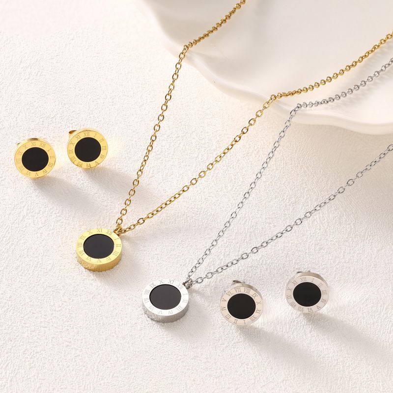 Gold Suit Titanium Steel Round Necklace And Earrings Set